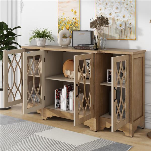 Retro Sideboard Glass Door with Curved Line Design Ample Storage Cabinet with Black Handle and Three Adjustable Shelves for Dining Room and Kitchen (Natural Wood)