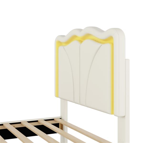 Twin Size Upholstered Platform Bed with Curve Shaped and Height-adjustbale Headboard,LED Light Strips,White