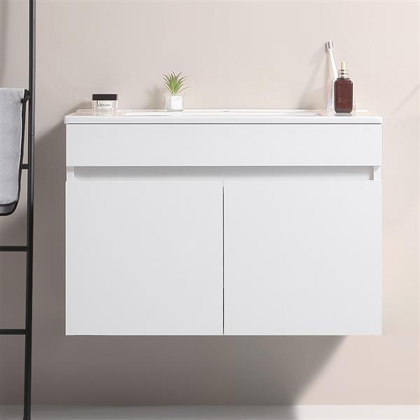 36' Wall Mounted Bathroom Vanity with White Ceramic Basin,Two Soft  Close Cabinet Doors, Solid Wood,Excluding faucets,White