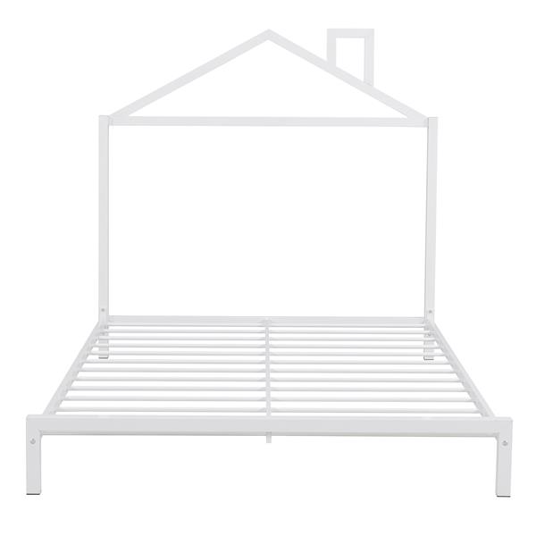 Full Size Metal Platform Bed with House-Shaped Headboard Design, White