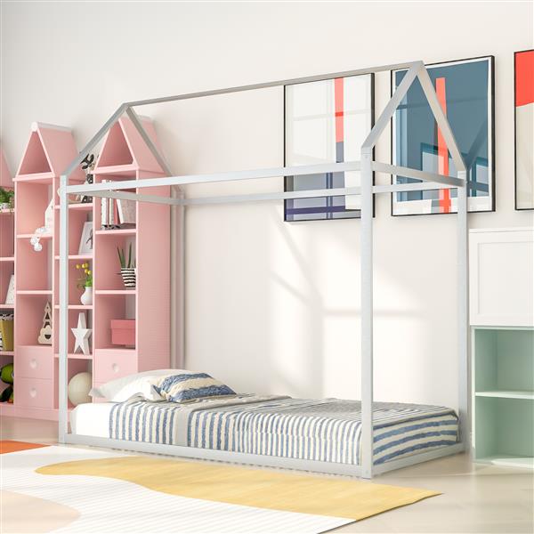 House Bed Frame Twin Size , Kids Bed Frame Metal  Platform Bed  Floor Bed for Kids Boys Girls No Box Spring Needed Silver