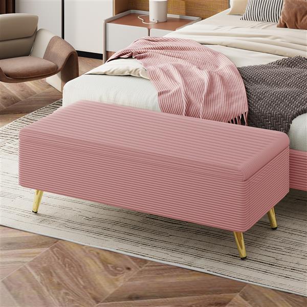 Modern Corduroy Upholstered Ottoman with Metal Legs, Storage Bench for Bedroom,Living Room,Pink