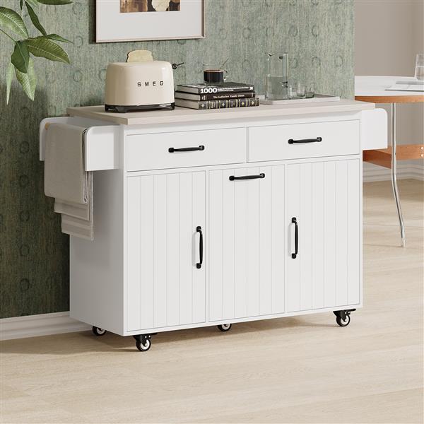 Kitchen Island with Trash Can Storage Cabinet, Kitchen Cart with Drop Leaf, Spice Rack, Towel Rack and Drawer, Rolling Kitchen Island on Wheels with Adjustable Shelf, White