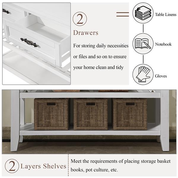 Console Sofa Table with 2 Storage Drawers and 2 Tiers Shelves, Mid-Century Style 42'' Solid Wood Buffet Sideboard for Living Room Furniture Kitchen Dining Room Entryway Hallway, Antique White