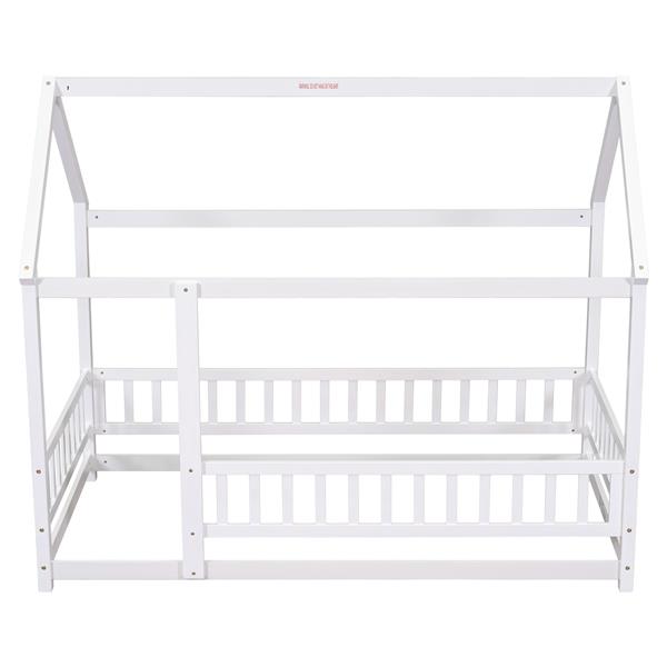 Twin Size Floor Wooden Bed with House Roof Frame, Fence Guardrails,White