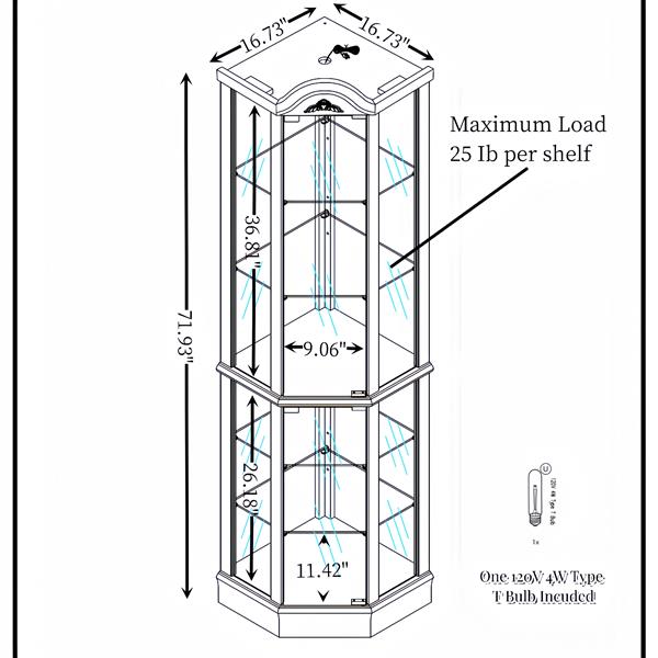 Glass Cabinet Lighted Corner Cabinet Corner Display Curio Cabinet, Glass Display With Light(Included)Bar Cabinet,Wine Cabinet with Adjustable Glass Shelves Carved Decoration Cherry Light(Included)