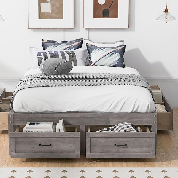 Full Size Platform Bed with 6 Storage Drawers,Antique Gray