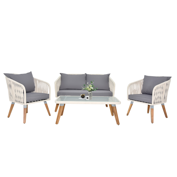 4 Piece Patio Furniture Set, Outdoor Acacia Wood Conversation Set, All-Weather Rope Sofa Set with Coffee Table, Loveseat, Modern Deep Seating Set for Lawn Balcony Poolside, White Rope & Grey Cushion