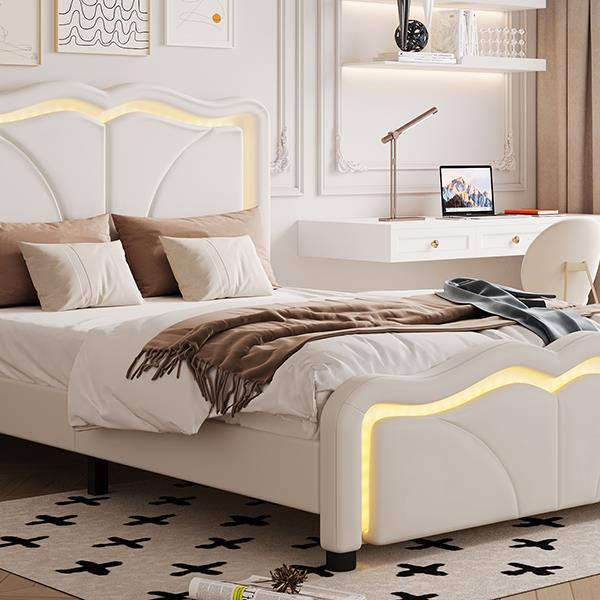 Twin Size Upholstered Platform Bed with Curve Shaped and Height-adjustbale Headboard,LED Light Strips,White