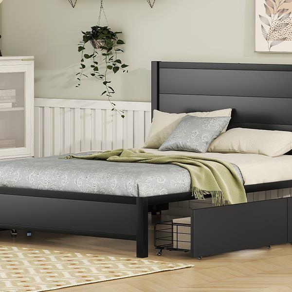 Metal Full Size Storage Platform Bed with Twin Size Trundle and 2 Drawers, Black