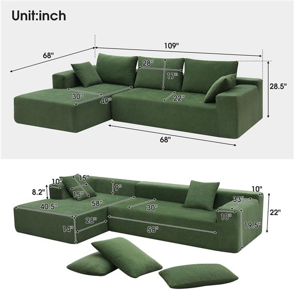 [VIDEO provided] [New] 109*68" Modular Sectional Living Room Sofa Set, Modern Minimalist Style Couch, Upholstered Sleeper Sofa for Living Room, Bedroom, Salon, 2 PC Free Combination, L-Shape, Green