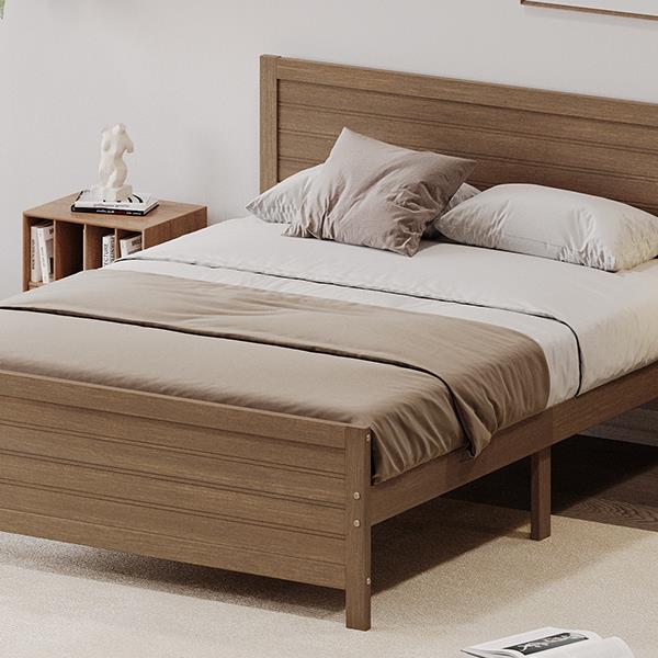 Wood Platform Bed Frame with Headboard, Mattress Foundation with Wood Slat Support, No Box Spring Needed, Queen Size, Walnut