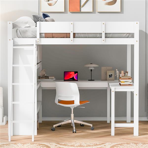 Full Size Loft Bed with Desk and Shelf - White