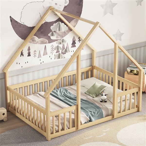 Full Wood House-Shaped Floor Bed with Fence, Guardrails,Natural