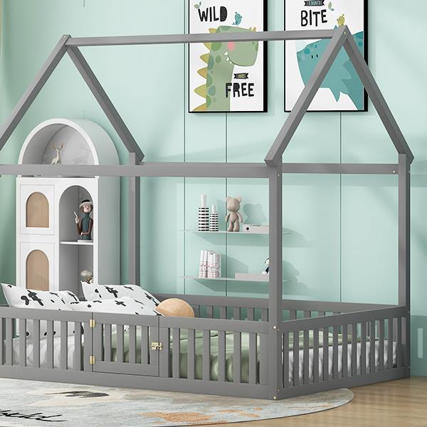 Full Size Wood House Bed with Fence and Door, Gray