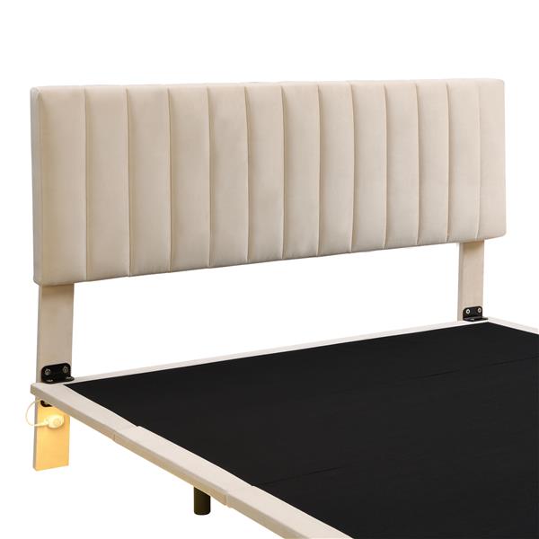 Queen Size Upholstered Bed with Sensor Light and Headboard, Floating Velvet Platform Bed, Beige