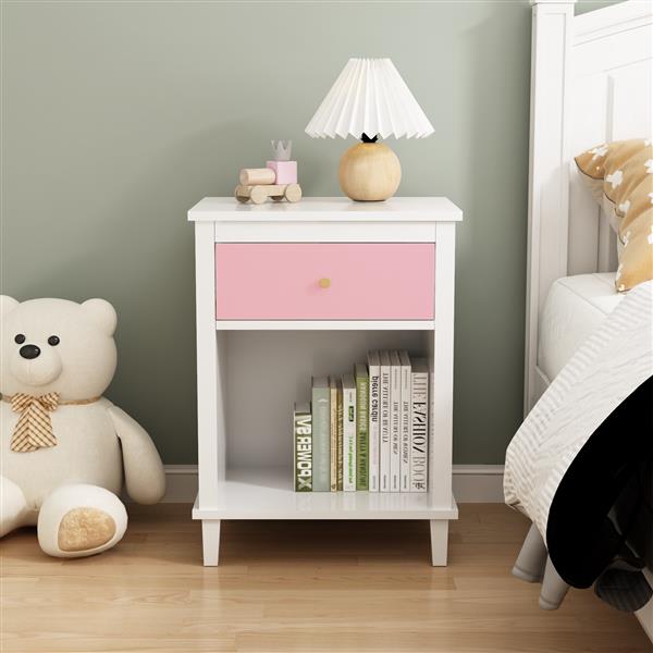 26.77''H Wooden Nightstand with One Drawer One Shelf for Kids, Adults, Pink