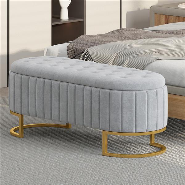 Elegant Upholstered Velvet Storage Ottoman with Button-Tufted,Storage Bench with Metal Legs for Bedroom,Living Room,Fully Assembled Except Legs,Grey