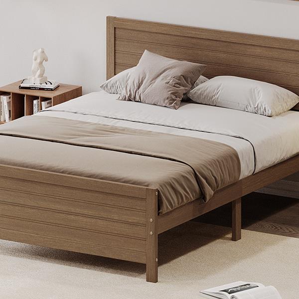 Wood Platform Bed Frame with Headboard, Mattress Foundation with Wood Slat Support, No Box Spring Needed, King Size, Walnut