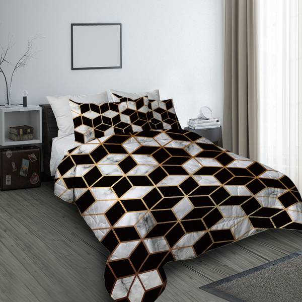 3PCS Comforter Geometric Cube Bedding Set Queen Size Black White Gold Reversible