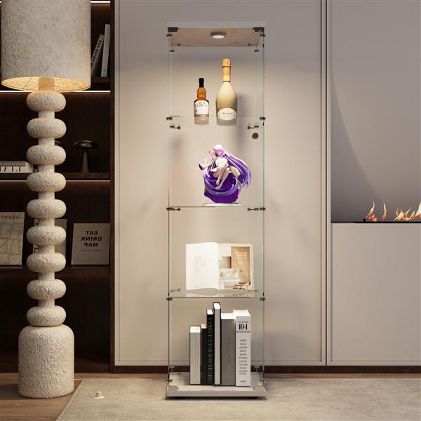 LED lights Glass Display Cabinet 4 Shelves with Door, Floor Standing Curio Bookshelf for Living Room Bedroom Office, 64.7"*16.7"*14.3" 
 white