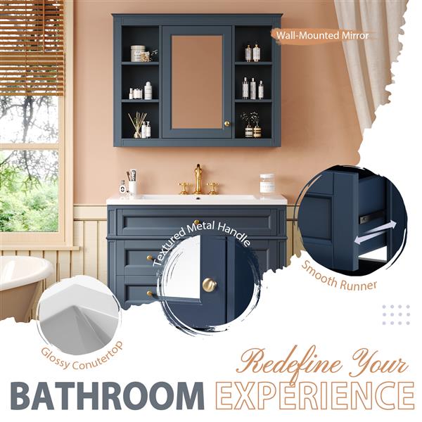 36'' Bathroom Vanity with  Medicine Cabinet, Royal Blue Mirror Cabinet, Modern Bathroom Storage Cabinet with 2 Soft Closing Doors and 4 Drawers, Single Sink Bathroom Vanity