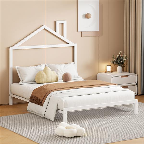 Full Size Metal Platform Bed with House-Shaped Headboard Design, White