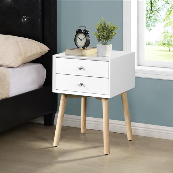 Side Table,Bedside Table with 2 Drawers and Rubber Wood Legs, Mid-Century Modern Storage Cabinet for Bedroom Living Room, White