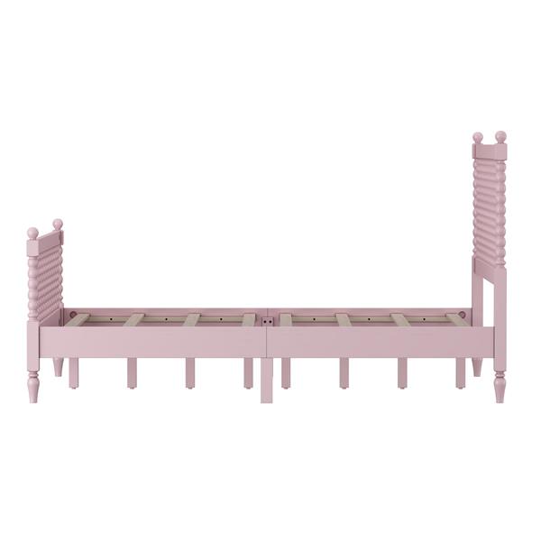 Full Size Wood Platform Bed with Gourd Shaped Headboard and Footboard, Pink