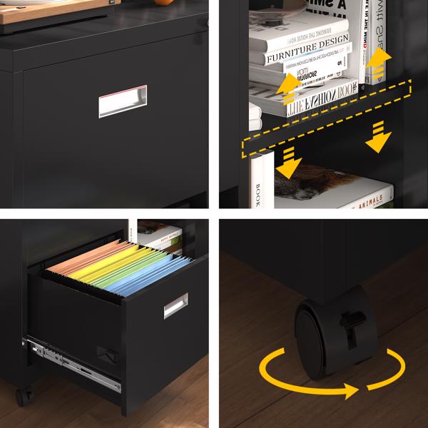 Metal Office Cabinet with 2 Drawers & Adjustable Shelves, Mobile Lateral Filing Cabinet with Lock