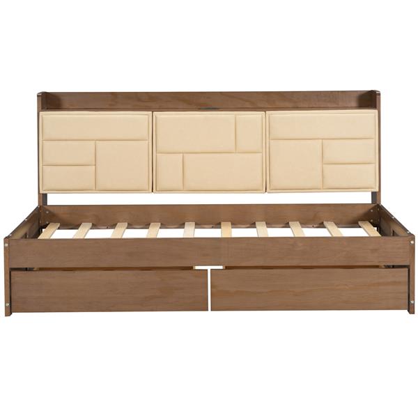 Twin Size Wood Daybed with Upholstered Storage Shelves, USB Ports and 2 Drawers, Wood Color