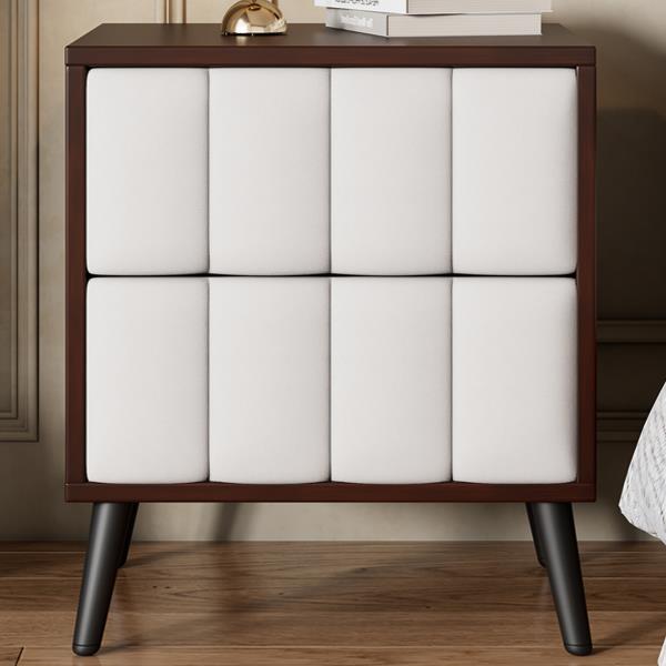 2-Drawer Nightstand for Bedroom, Mordern Wood+Linen Bedside Table with Classic Design,Walnut+Beige