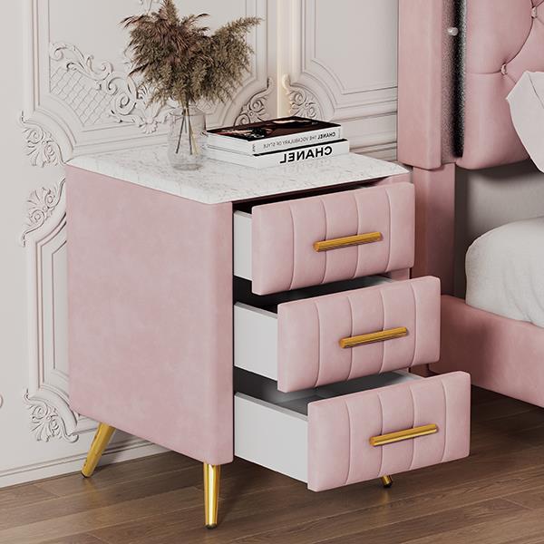 Upholstered Wooden Nightstand with 3 Drawers and Metal Legs&Handles,Fully Assembled Except Legs&Handles,Bedside Table with Marbling Worktop - Pink