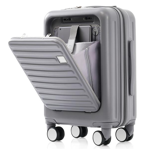 Luggage Set of 3, 20, 24, 28inch with USB Port, 20, 24inch with front opening design Airline Certified Carry on Luggage with Cup Holder, ABS Hard Shell Luggage with Spinner Wheels, grey blue