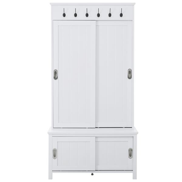 [VIDEO provided] Multifunctional Hall Tree with Sliding Doors, Wooden Hallway Shoe Cabinet with Storage Bench and Shelves, Mudroom Coat Storage with Hanging Hooks for Entryways, White