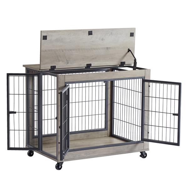 Furniture Dog Cage Crate with Double Doors on Casters. Grey, 31.50'' W x 22.05'' D x 24.8'' H.