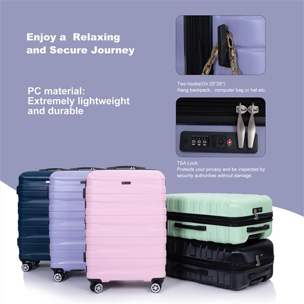 3 Piece Luggage Sets PC Lightweight & Durable Expandable Suitcase with Two Hooks, Double Spinner Wheels, TSA Lock, (21/25/29) Light Purple