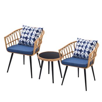 3 Piece Patio Bistro Set with Side Table, Outdoor PE Rattan Conversation Chair Set,Furniture of Coffee Table with Glass Top,Cushions & Lumbar Pillows for Garden,Backyard,Balcony or Poolside(Blue)