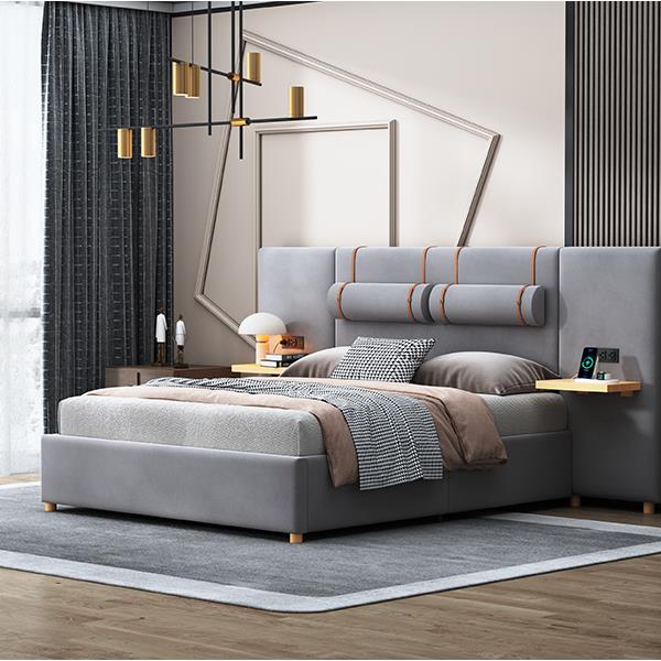 Queen Upholstered Platform Bed, Two Outlets and USB Charging Ports on Both Sides, Two Bedside Pillows, Storage Shelves, Gray