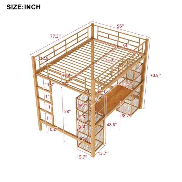 Full Size Metal Loft Bed with Built-in Desk and Shelves, Gold+Brown