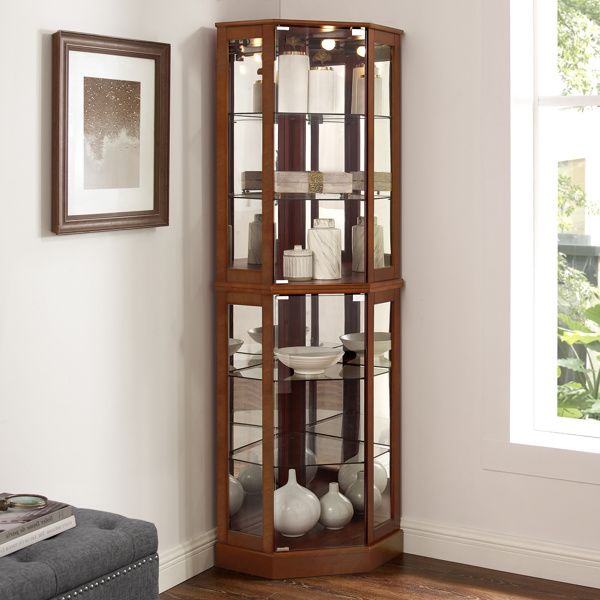 6 Shelf Corner Curio Display Cabinet with Lights, Mirrors and Adjustable Shelves, Walnut(E26 light bulb not included) 