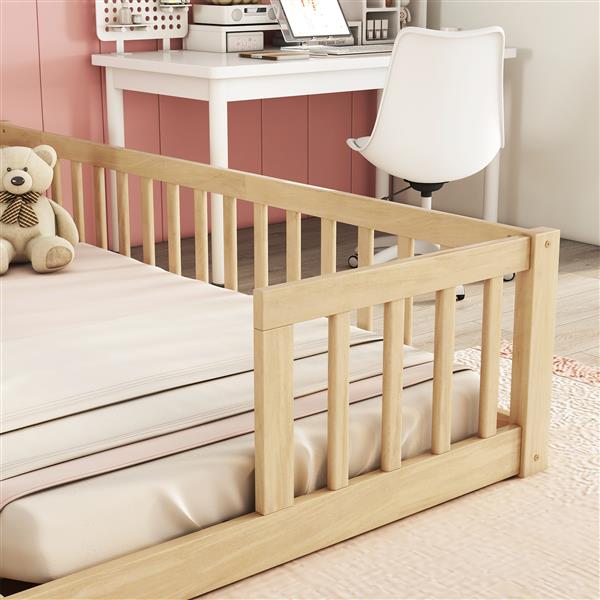 Double Twin Floor Bed with Fence, Guardrails, without door, Natural