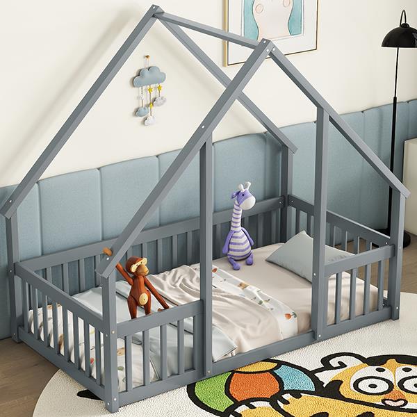 Twin Wood House-Shaped Floor Bed with Fence, Guardrails ,Grey