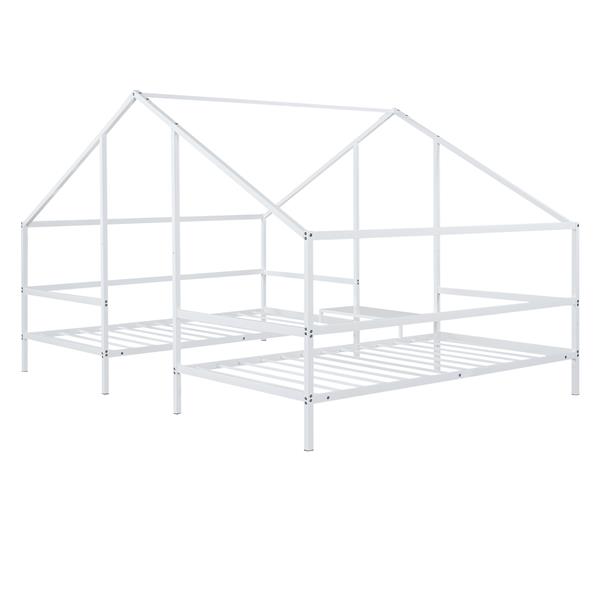 Metal Double Twin Size Triangular House Beds with Built-in Table, White