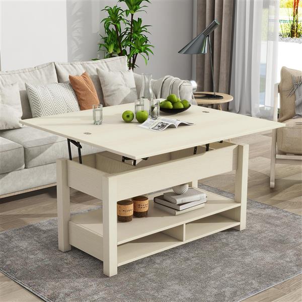 [VIDEO provided] Lift Top Coffee Table, Multi-Functional Coffee Table with Open Shelves, Modern Lift Tabletop Dining Table for Living Room, Home Office, Rustic Ivory