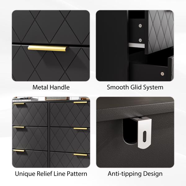 Modern black 6 Drawers for Bedroom, Modern 6 Drawer Dresser, Wide Chest of Drawers with Gold Handles, Wood Double Dresser Storage Cabinet for Living Room, Bedroom, Hallway 