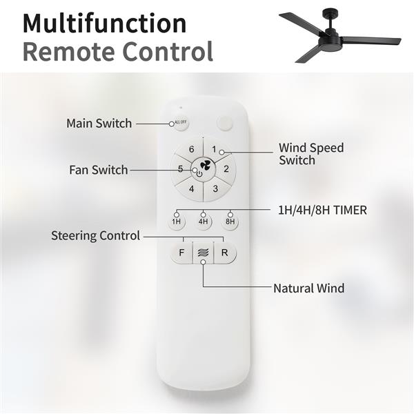 52" Outdoor Ceiling Fan Without Light, 3 ABS Blades Farmhouse Ceiling Fan with Remote Control 6-speed Reversible DC Motor Black for Living Room, Bedroom, Kitchen