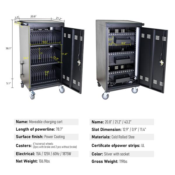 Mobile Charging Cart and Cabinet for Tablets Laptops 45-Device