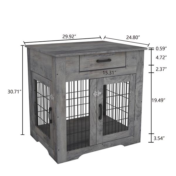 Furniture Style Dog Crate End Table with Drawer, Pet Kennels with Double Doors, Dog House Indoor Use, Grey, 29.9'' W x 24.8'' D x 30.71'' H.