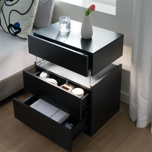 LED Nightstands 3 Drawer Dresser for Bedroom End Table with Acrylic Board LED Bedside Tables for Bedroom Living Room Bedside Furniture (Black)